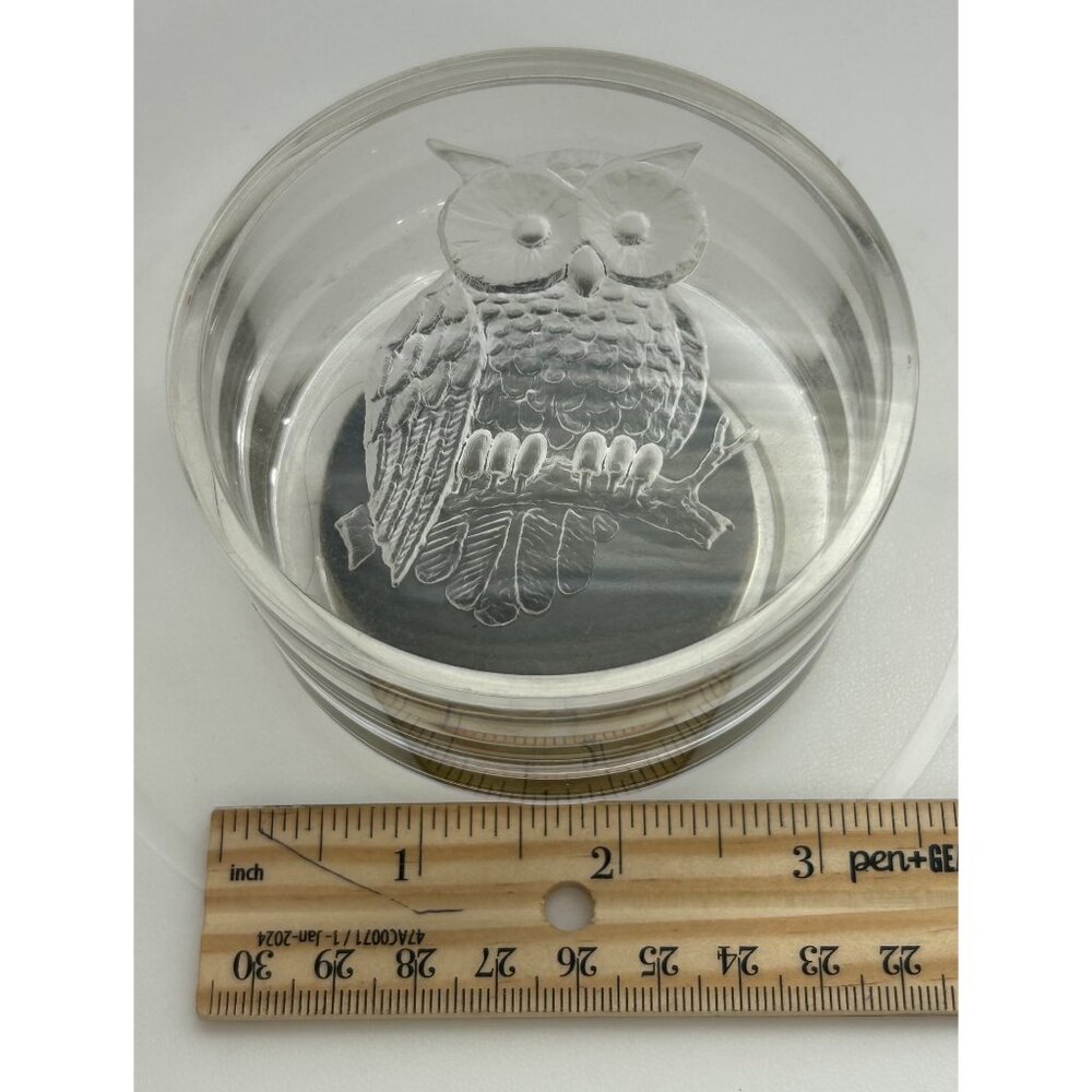 Trinket Jewelry Box Etched Owl Design Lid Round Clear & Black Vintage Look Retro - Picture 8 of 8